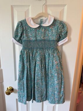 bella bliss Teal Floral Smocked Dress with White Collar